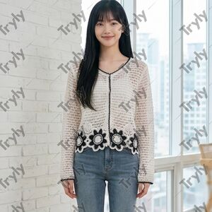 White Crochet Cardigan with Black Floral Accents